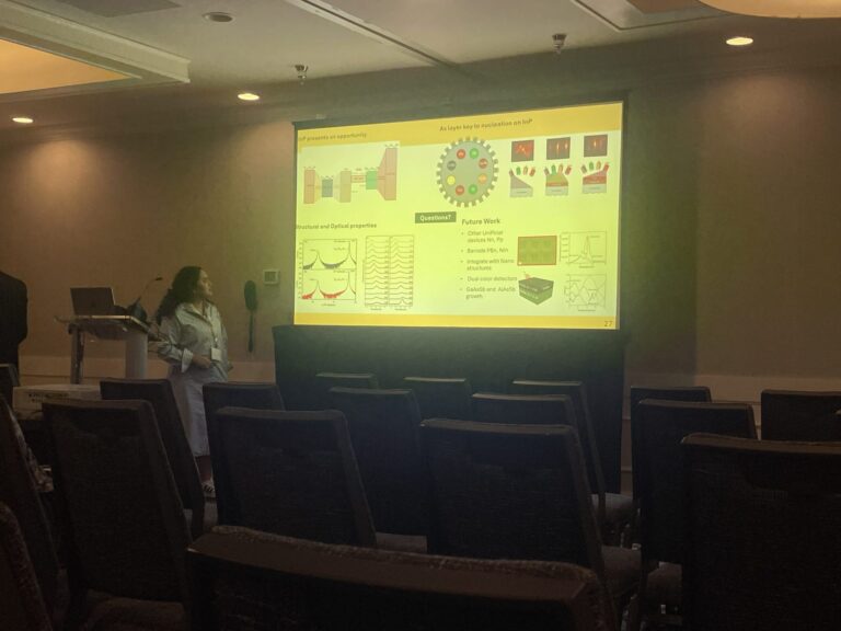 Biridiana Rodriguez presenting PbSe-on-InP research at ICMBE 2026