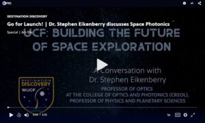 Screenshot of the PBS video player displaying the WUCF Destination Discovery special, "Go for Launch! | Dr. Stephen Eikenberry discusses Space Photonics." The title appears over a starry space background with the text "UCF: Building the Future of Space Exploration." A large play button is centered on the screen, alongside text introducing Dr. Stephen Eikenberry, Professor of Optics at CREOL and Professor of Physics and Planetary Sciences at UCF. The video runtime is 6 minutes and 55 seconds.
